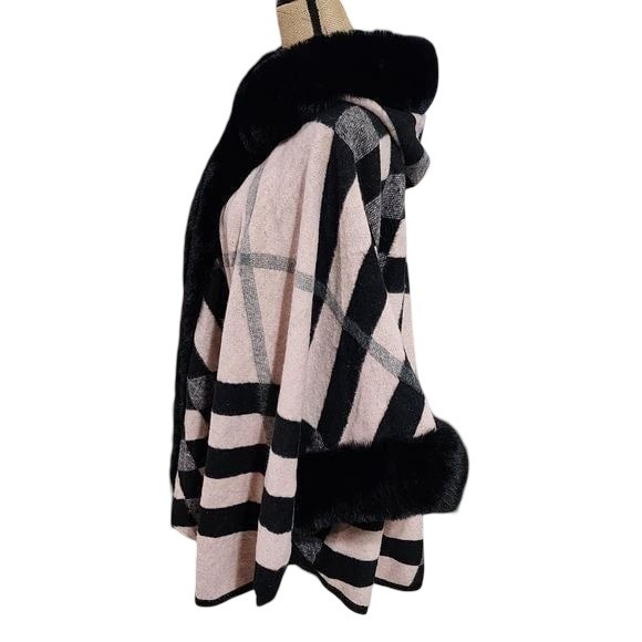 Sioni Plaid Faux Fur Hooded Cape Poncho L XL Pink Black Cozy Warm Outerwear - Picture 5 of 8